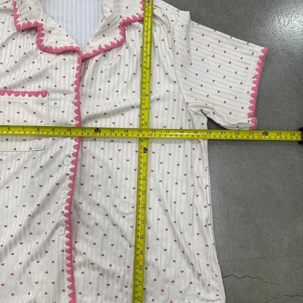 Coquette Pink Heart Ribbed Button Up Pajama Sleep Shirt Women's